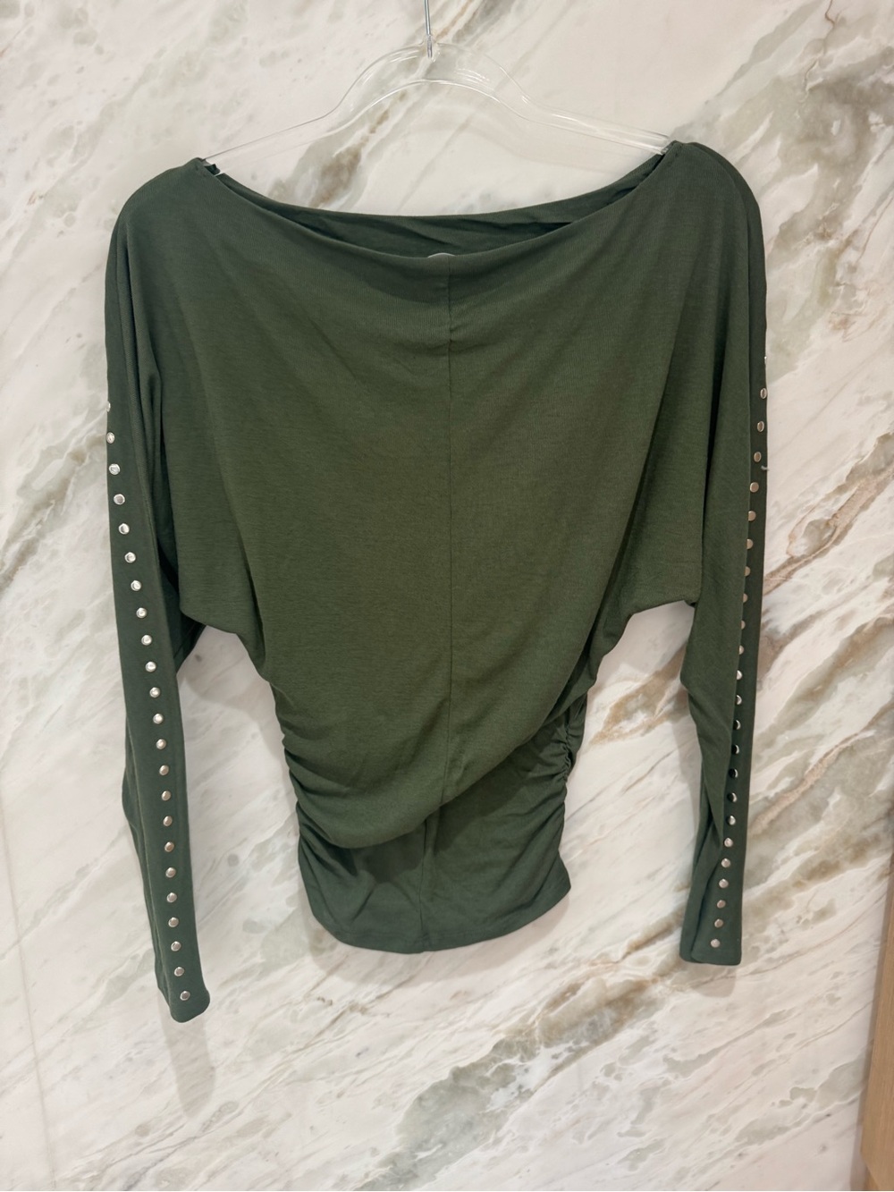 Olive Green Womens Stud-Trim Dolman Sleeve Top Zara Small